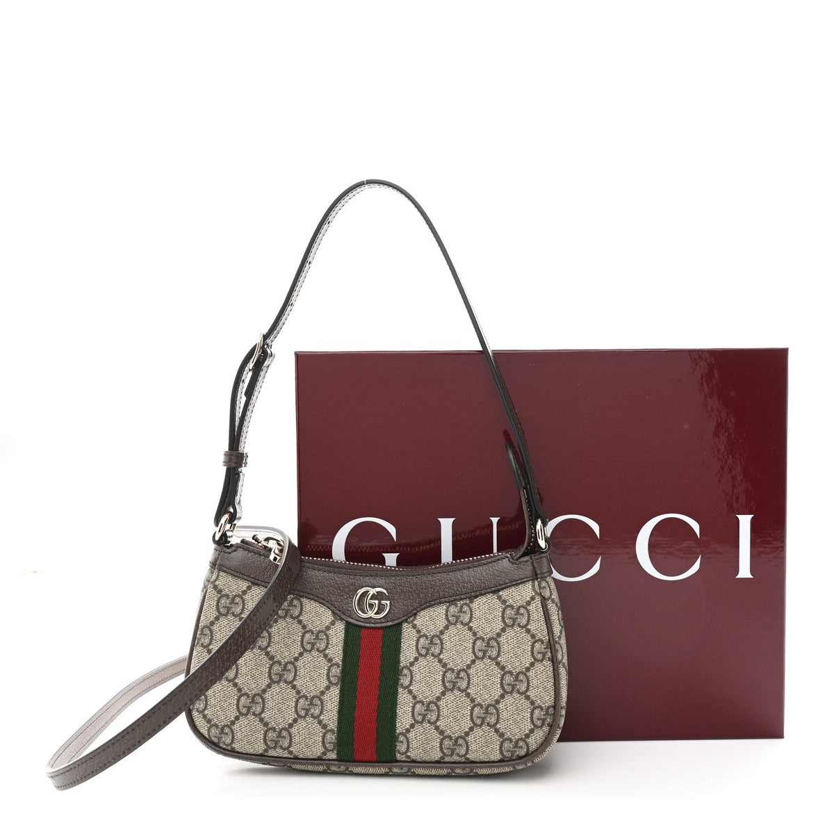 GG Supreme Monogram Textured Dollar Calfskin Web Mini Ophidia Shoulder Bag Beige Ebony New Acero product image 10, provided