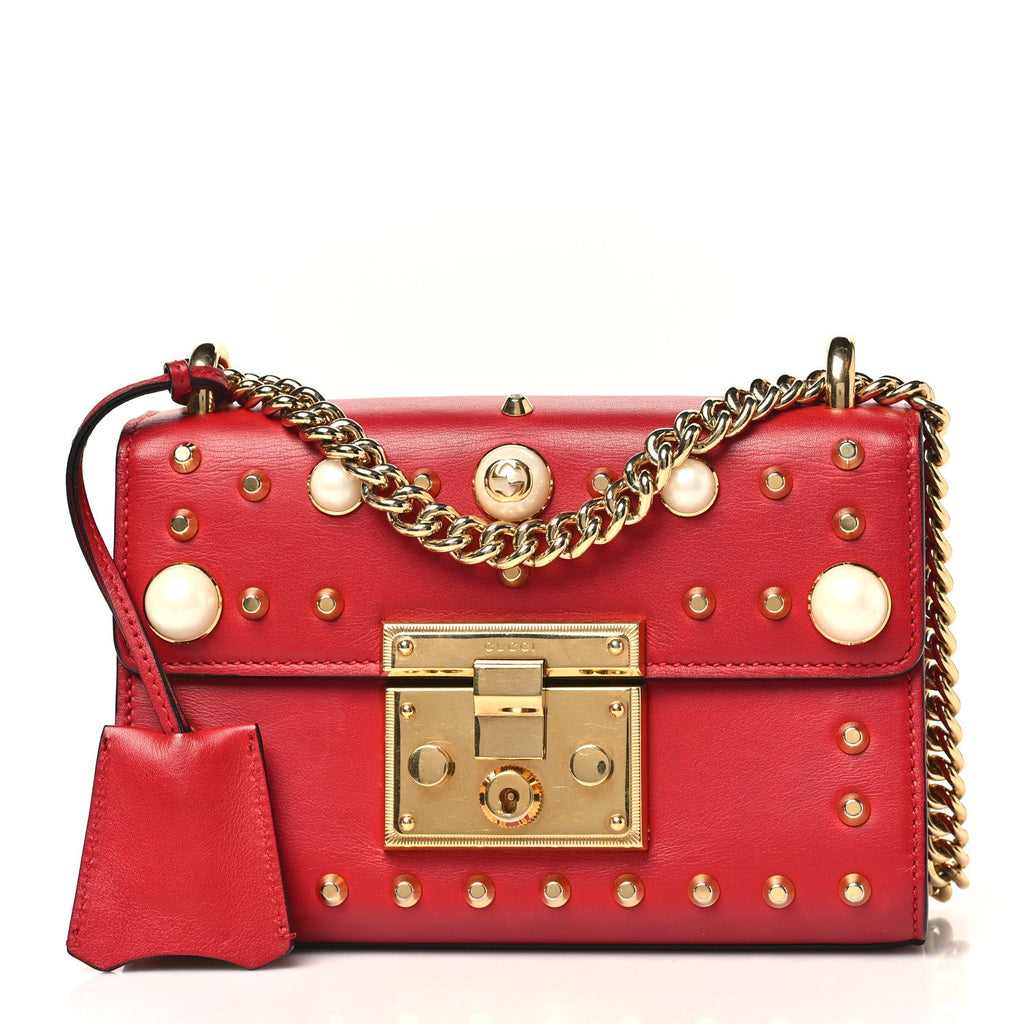Calfskin Studded Small Padlock Shoulder Bag Hibiscus Red product image 1, provided for visual reference and product detail