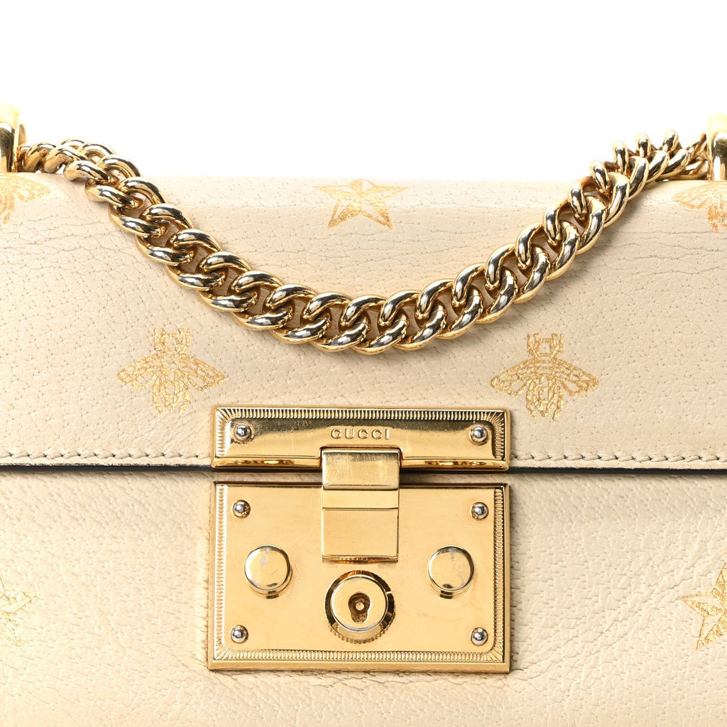 Grained Calfskin Bee Star Small Padlock Shoulder Bag White product image 8, provided for visual reference and product detail