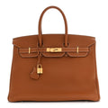 Taurillon Clemence Birkin 35 Gold product image 1, provided for visual reference and product detail review