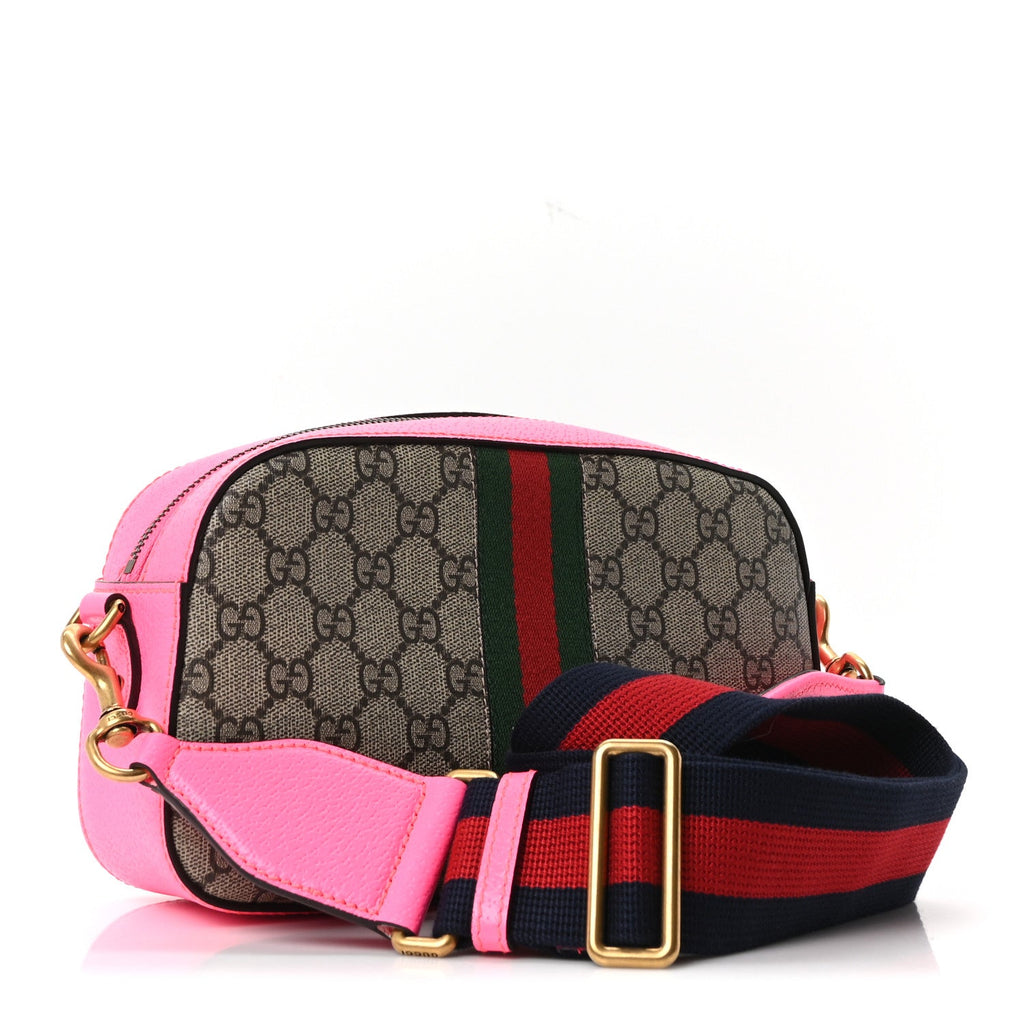 GG Supreme Monogram Textured Dollar Calfskin Web Ophidia Small Crossbody Bag Beige Ebony Fuchsia product image 3, provided