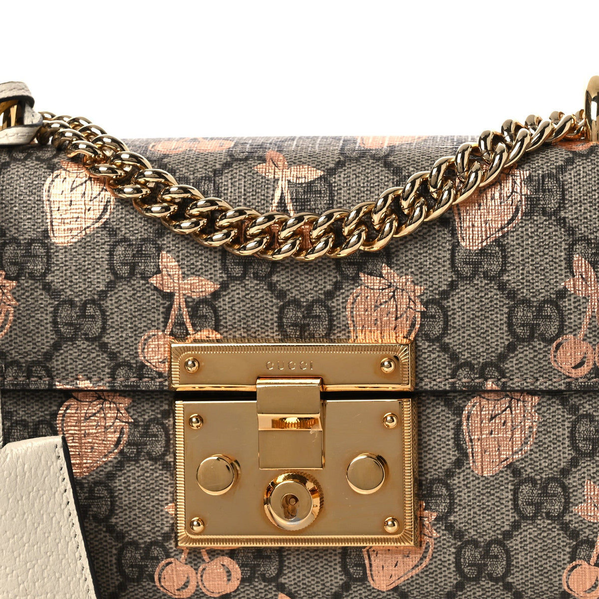 GG Supreme Monogram Berry Textured Dollar Calfskin Small Padlock Shoulder Bag Beige Ebony Light Copper Mystic White product