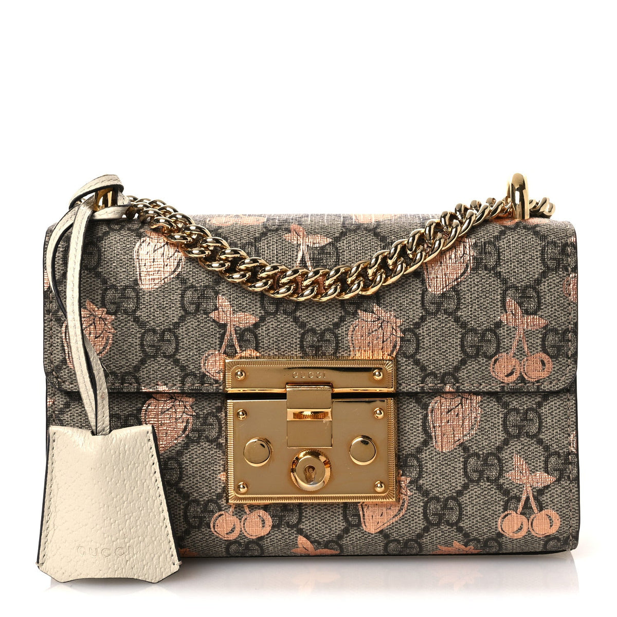GG Supreme Monogram Berry Textured Dollar Calfskin Small Padlock Shoulder Bag Beige Ebony Light Copper Mystic White product
