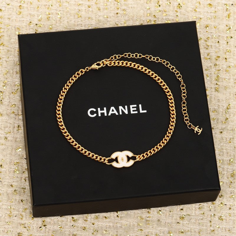 Chanel White Logo Choker 18K Gold Necklace product image 2, provided for visual reference and product detail review