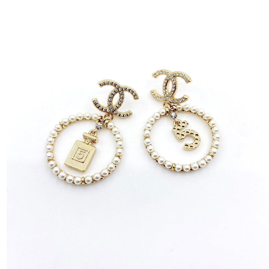 Chanel No. 5 Perfume Pendant 18K Gold Earrings product image 1, provided for visual reference and product detail review