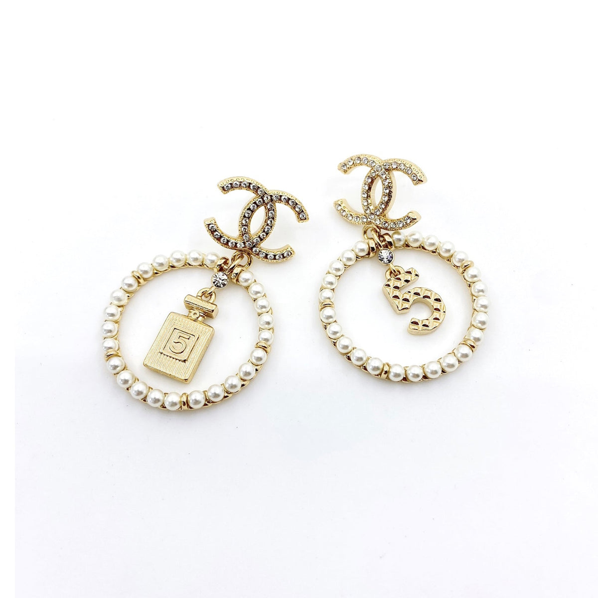 Chanel No. 5 Perfume Pendant 18K Gold Earrings product image 1, provided for visual reference and product detail review