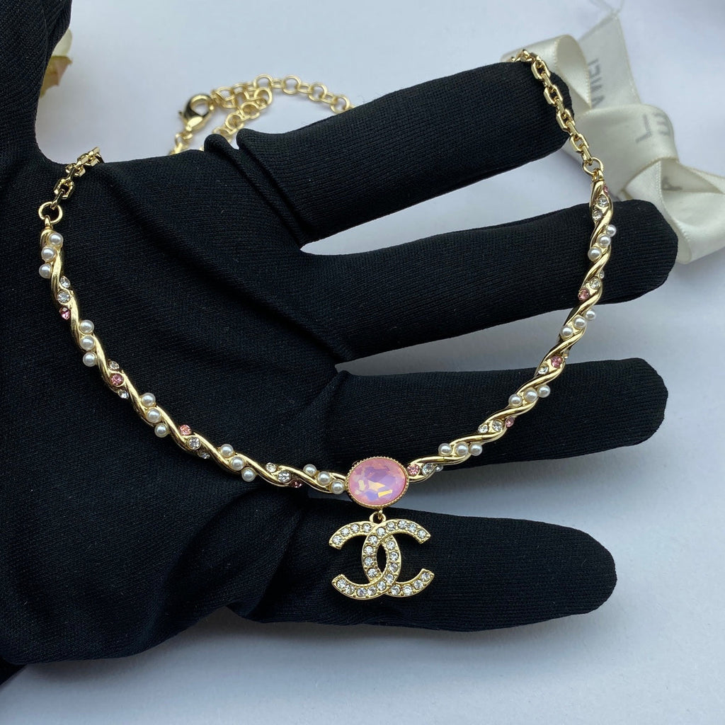 Chanel Pink Crystal 18K Gold Necklace product image 4, provided for visual reference and product detail review