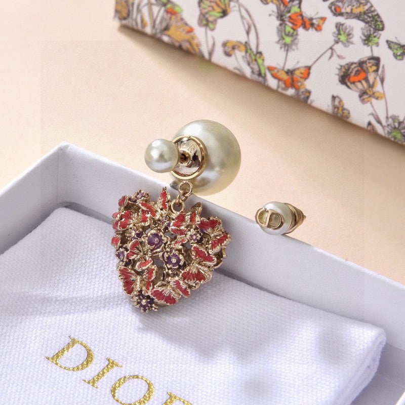 Dior Tribales Red Flower Heart Faux Pearl 18K Gold Earrings product image 2, provided for visual reference and product