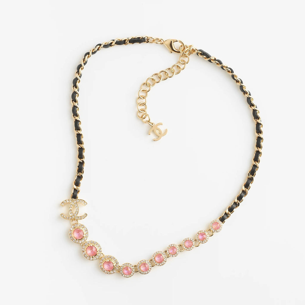 Chanel Pink Crystals Leather 18K Gold Necklace product image 1, provided for visual reference and product detail review