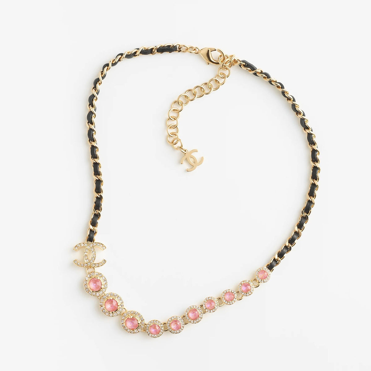 Chanel Pink Crystals Leather 18K Gold Necklace product image 1, provided for visual reference and product detail review