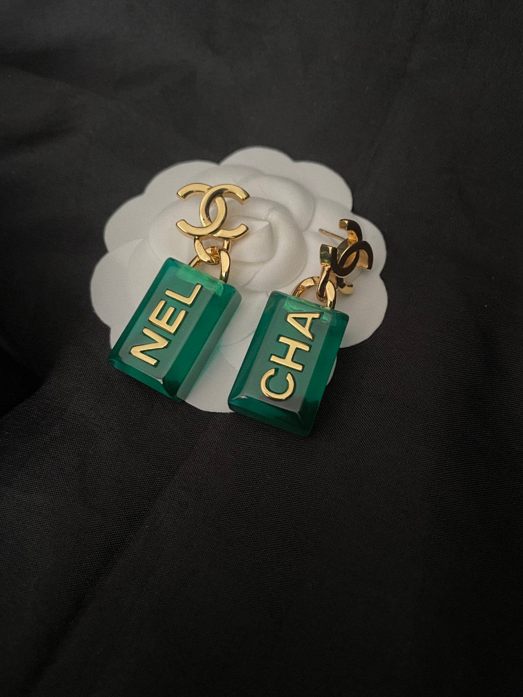 Chanel Green Perfume Bottle 18K Gold Earrings product image 6, provided for visual reference and product detail review