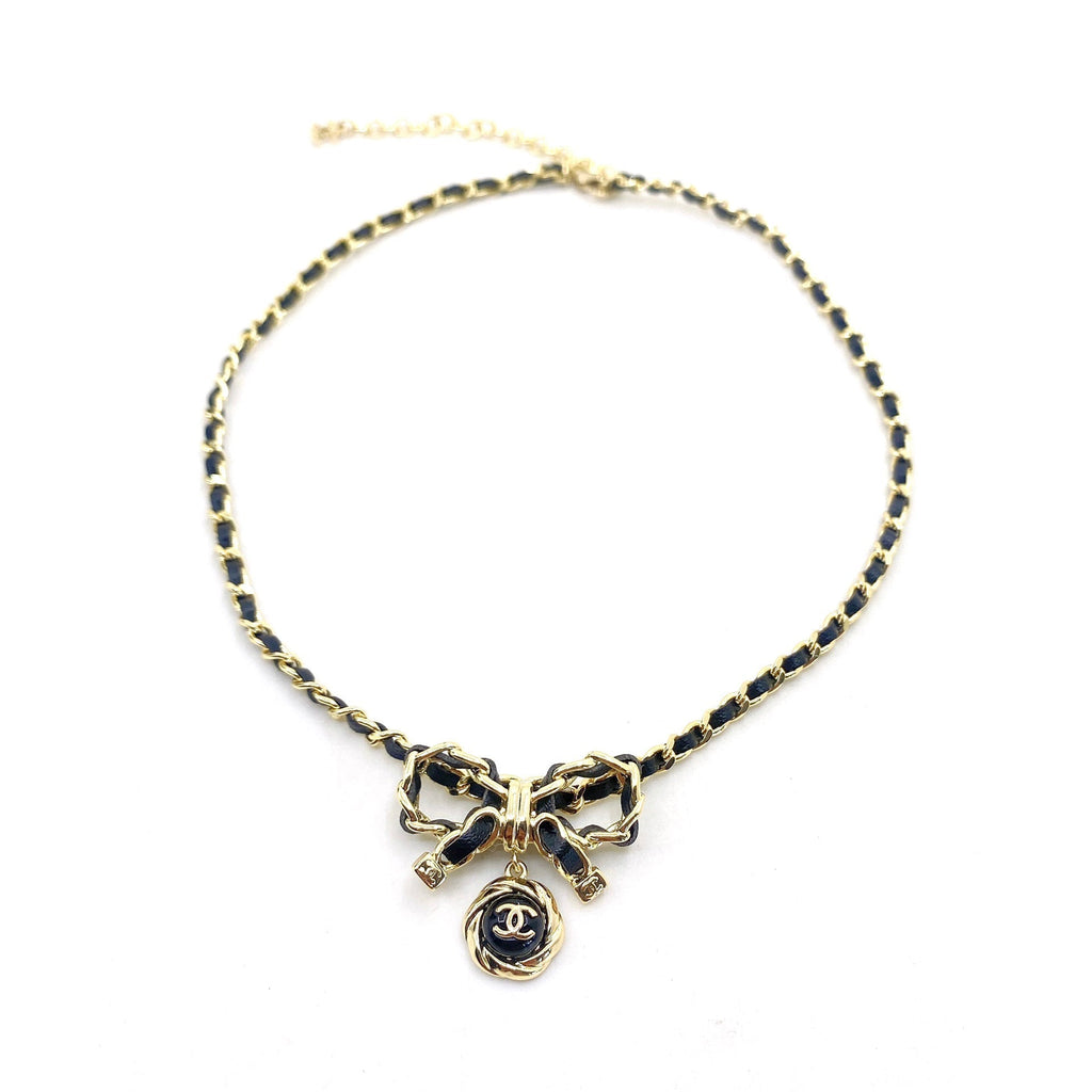 Chanel Rhinestone Bow Tie 18K Gold Necklace product image 1, provided for visual reference and product detail review