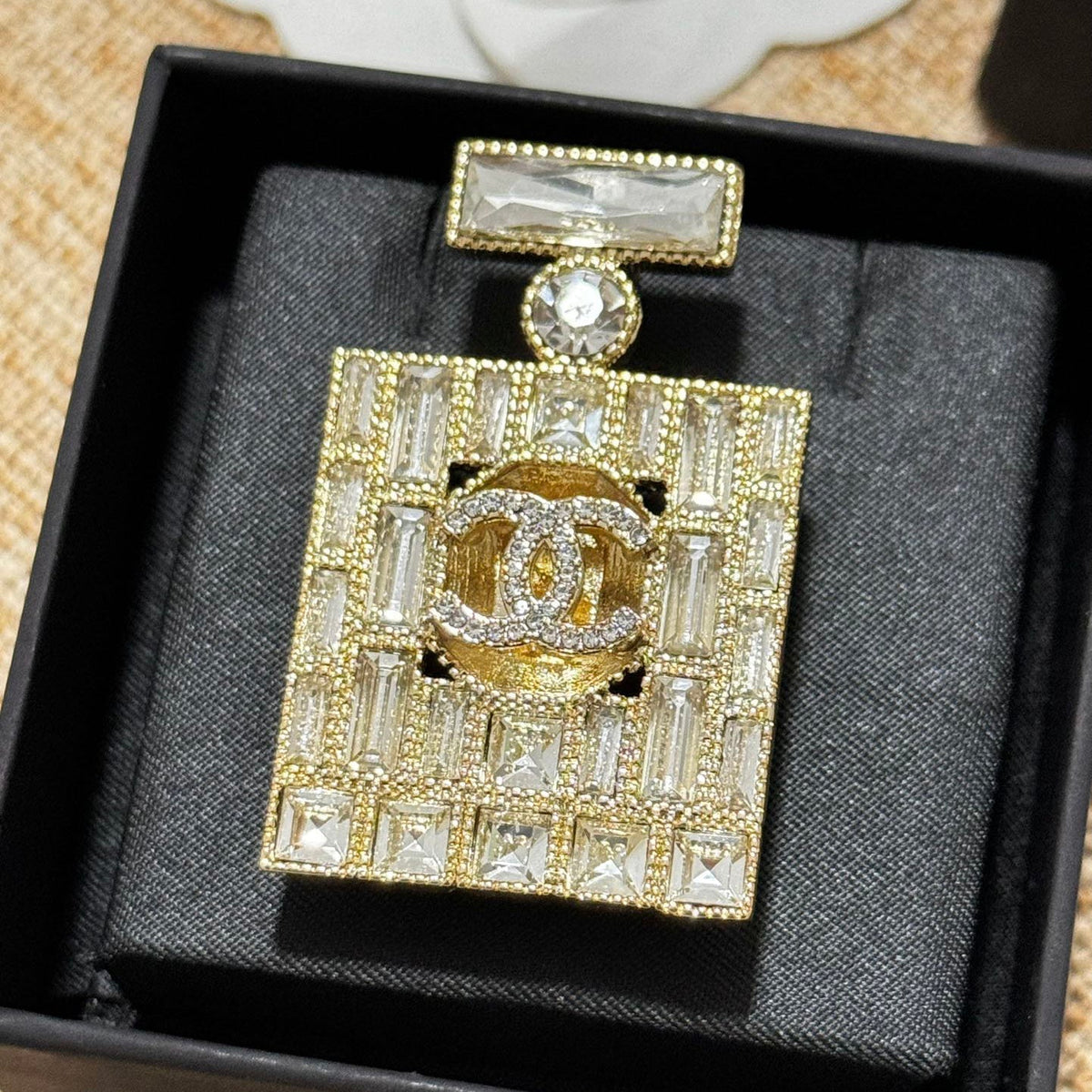 Chanel Perfume Bottle Crystals 18K Gold Brooch product image 1, provided for visual reference and product detail review
