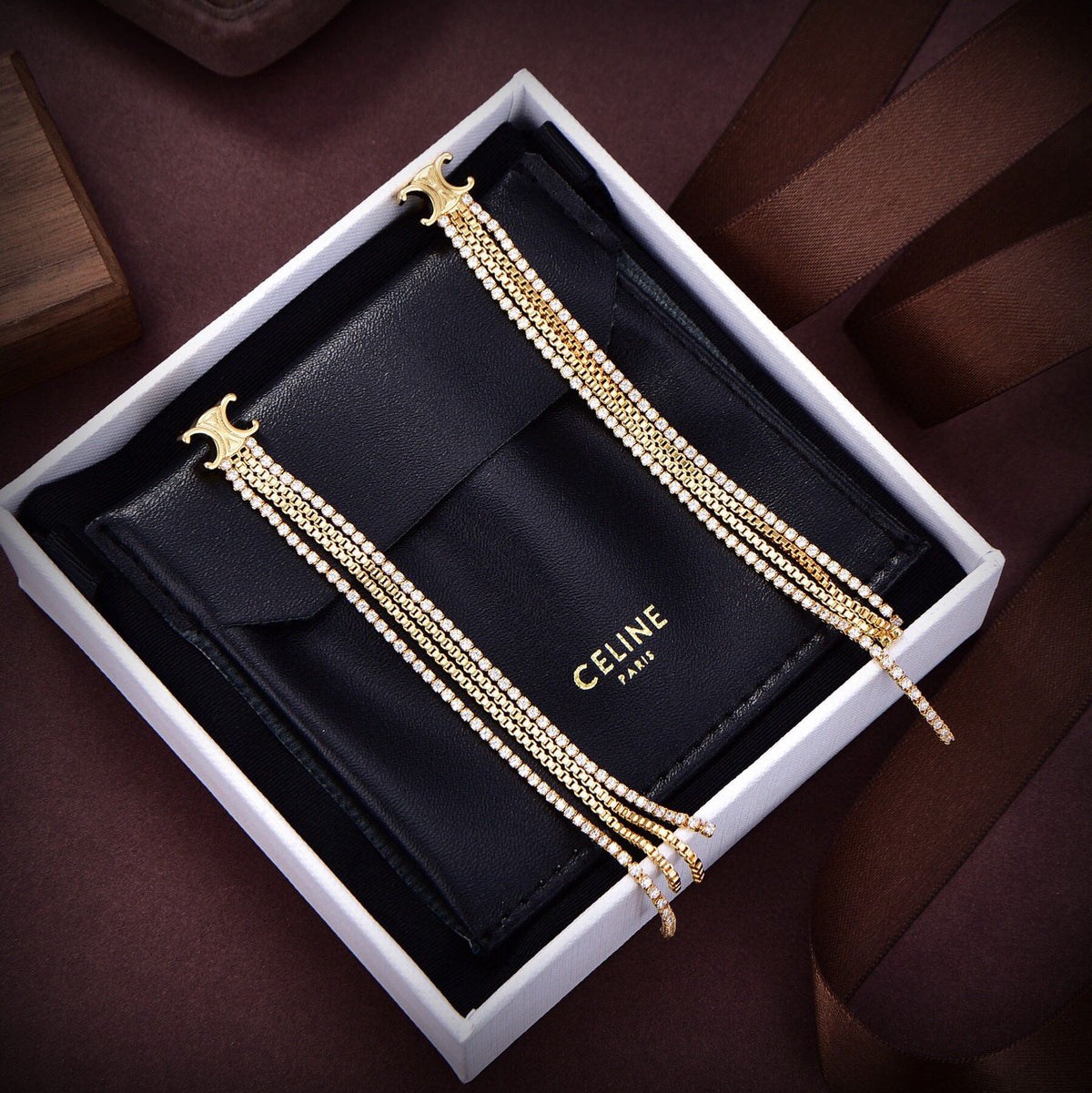 Celine Diamonds Long 18K Gold Earrings product image 2, provided for visual reference and product detail review