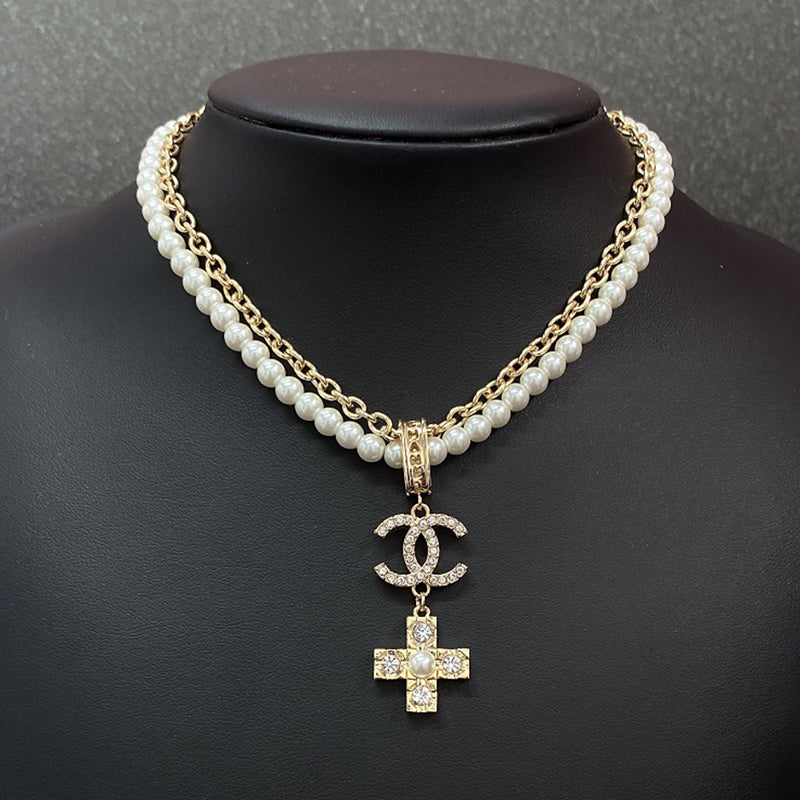 Chanel Cross Diamond Pearl Chain 18K Gold Necklace product image 1, provided for visual reference and product detail review