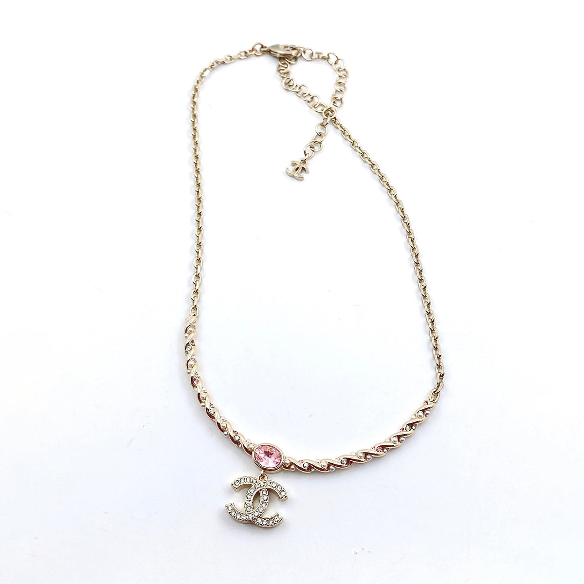 Chanel Pink Crystal 18K Gold Necklace product image 3, provided for visual reference and product detail review