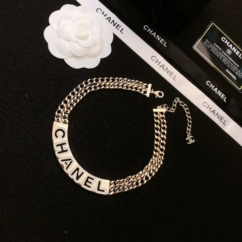 Chanel White Logo Choker 18K Gold Necklace product image 3, provided for visual reference and product detail review