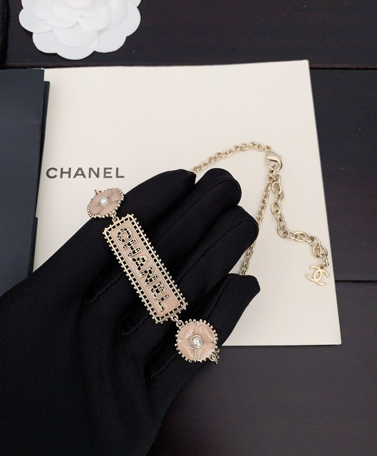 Chanel Resin Diamonds 18K Gold Necklace product image 2, provided for visual reference and product detail review