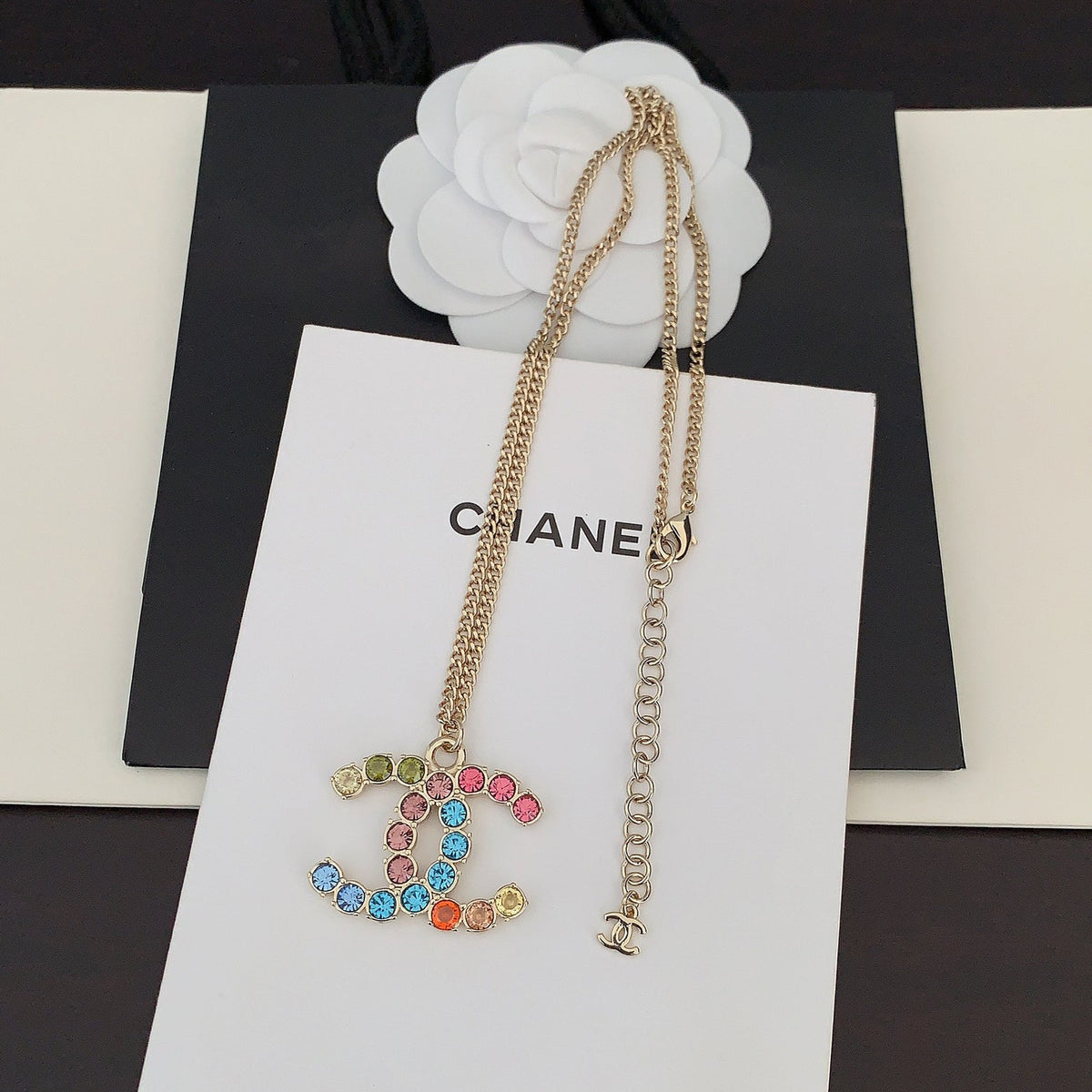 Chanel Color Crystals 18K Gold Necklace product image 1, provided for visual reference and product detail review