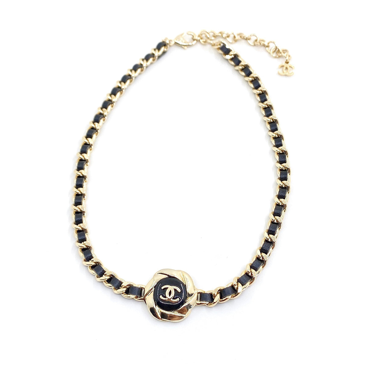 Chanel Rhinestone Leather Choker 18K Gold Necklace product image 1, provided for visual reference and product detail review