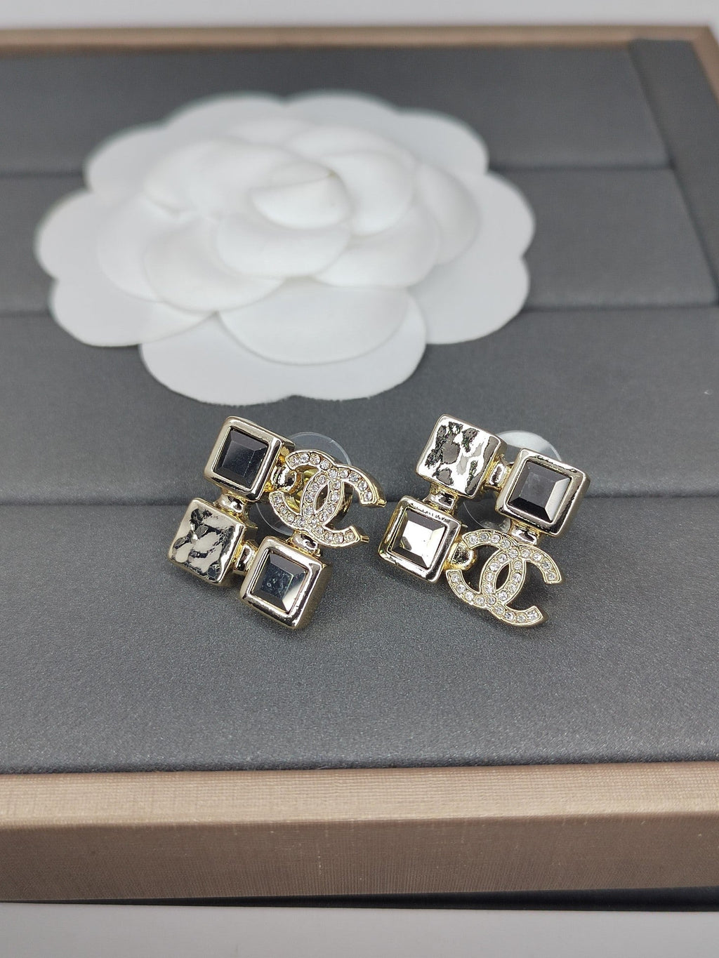 Chanel Black Crystals 18K Gold Earrings product image 2, provided for visual reference and product detail review