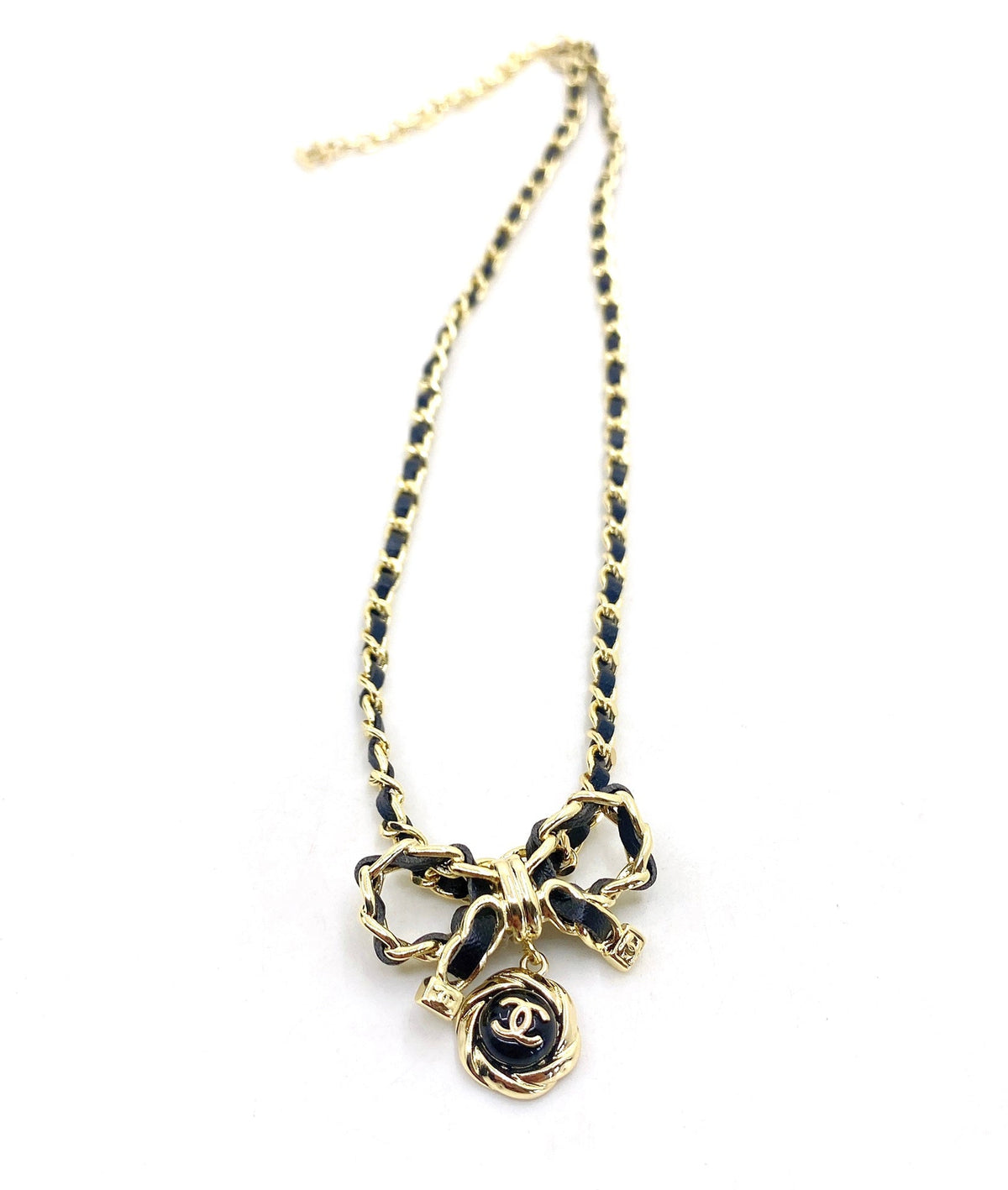 Chanel Rhinestone Bow Tie 18K Gold Necklace product image 2, provided for visual reference and product detail review