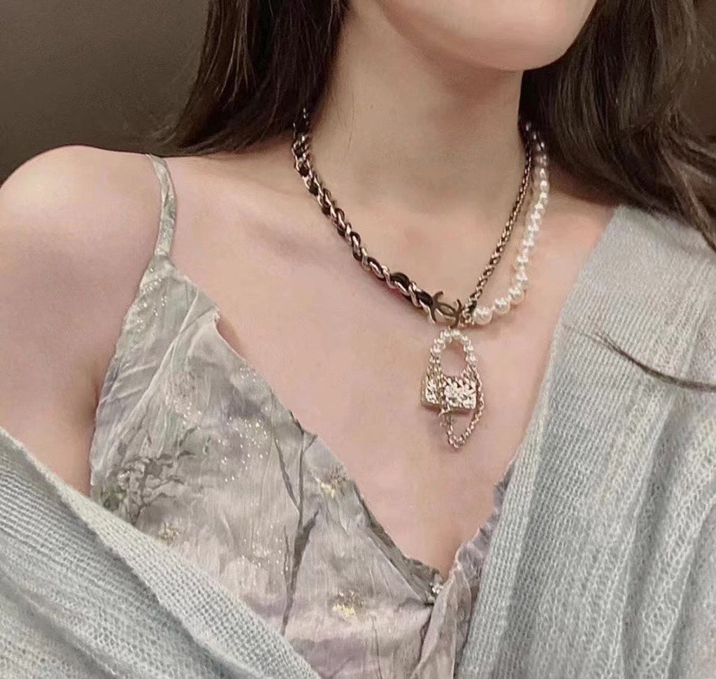 Chanel Pearl Bag Pendant 18K Gold Necklace product image 3, provided for visual reference and product detail review