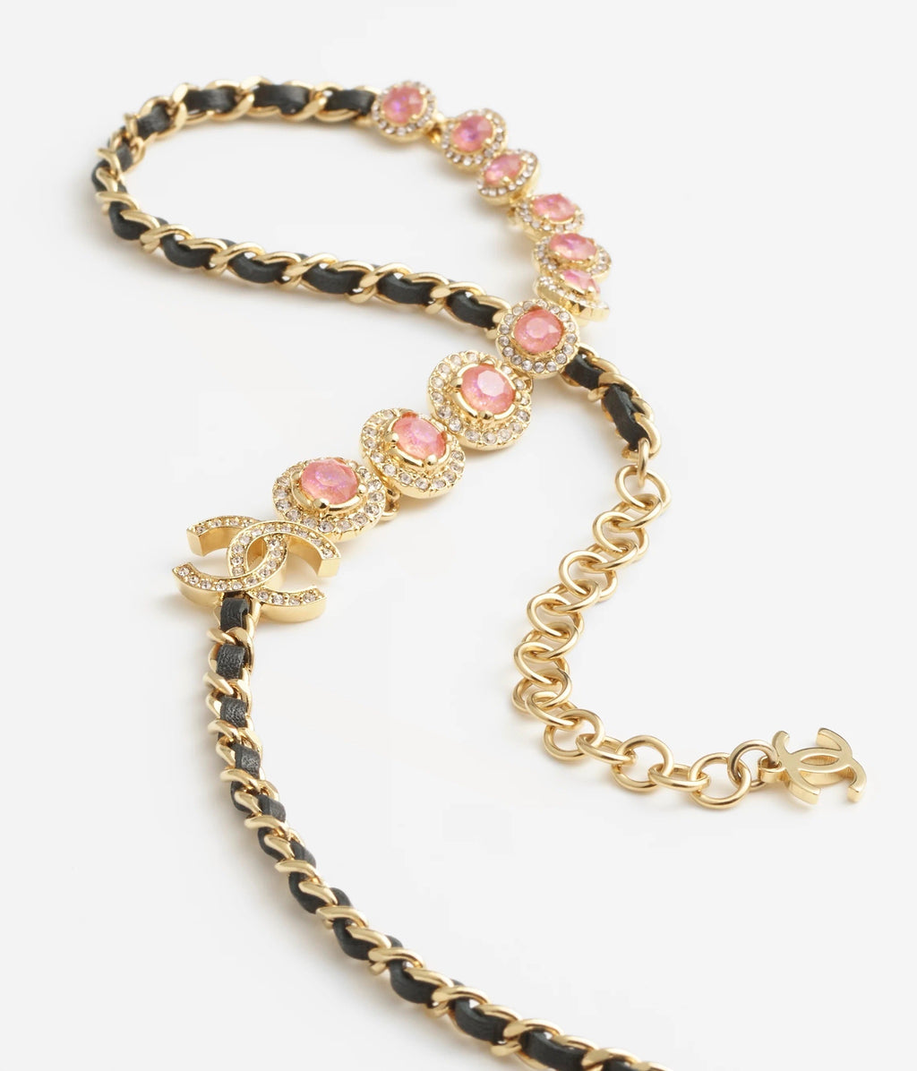 Chanel Pink Crystals Leather 18K Gold Necklace product image 3, provided for visual reference and product detail review