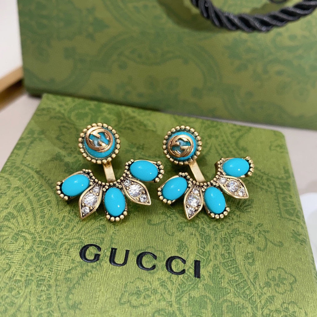 Gucci Double Blue Flowers 18K Gold Earrings product image 3, provided for visual reference and product detail review