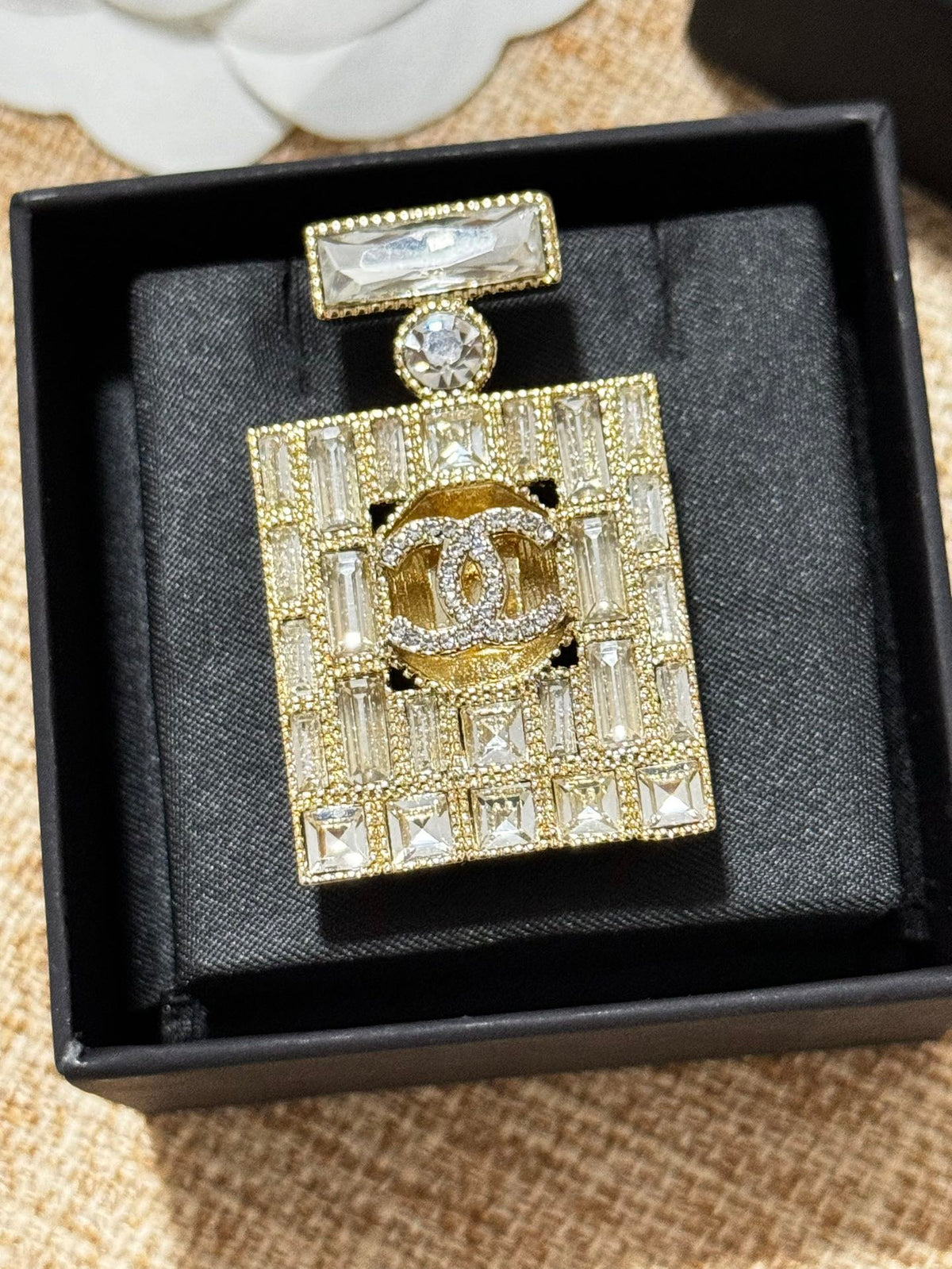 Chanel Perfume Bottle Crystals 18K Gold Brooch product image 2, provided for visual reference and product detail review