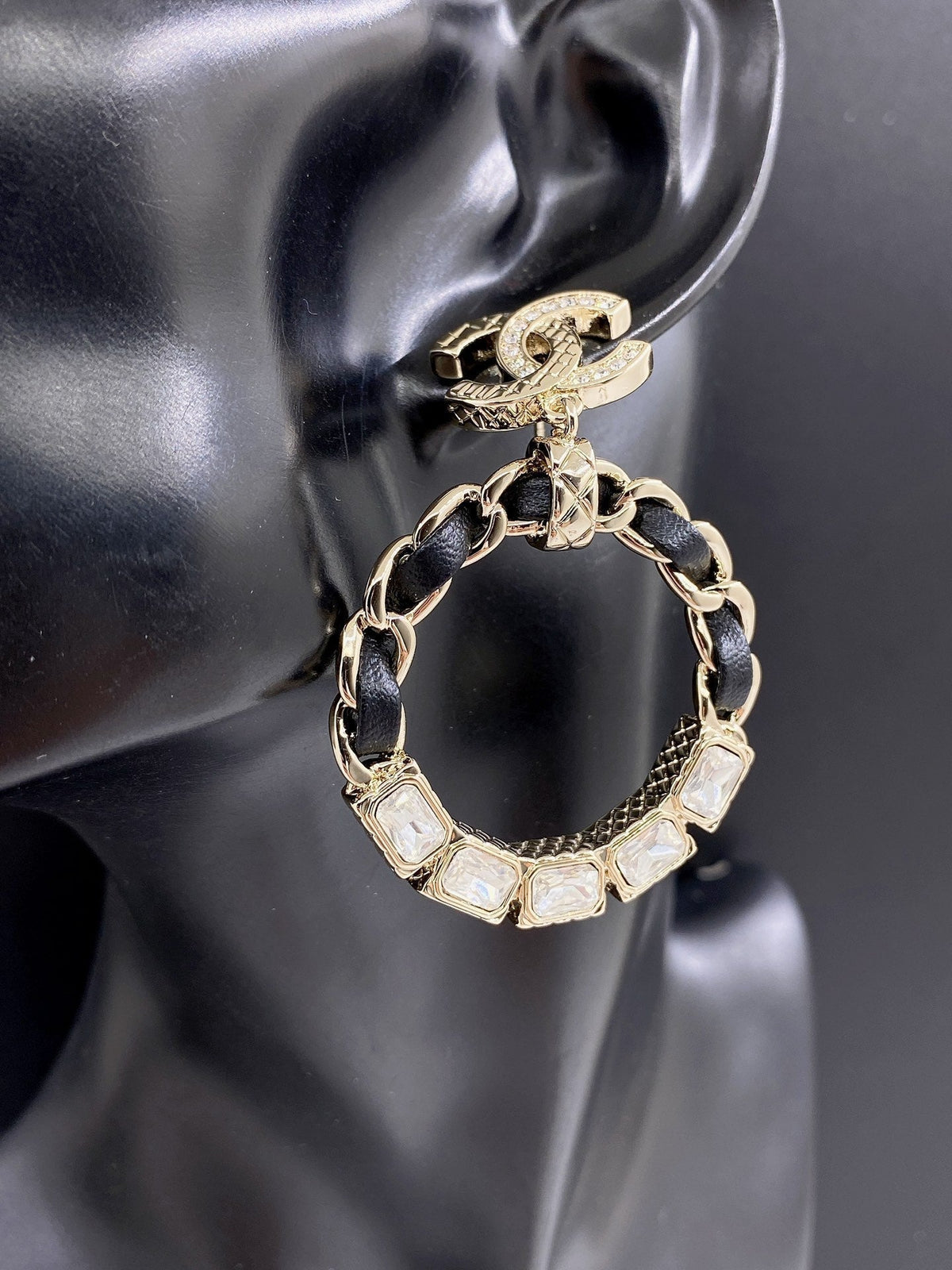 Chanel Leather Circle 18K Gold Earrings product image 2, provided for visual reference and product detail review