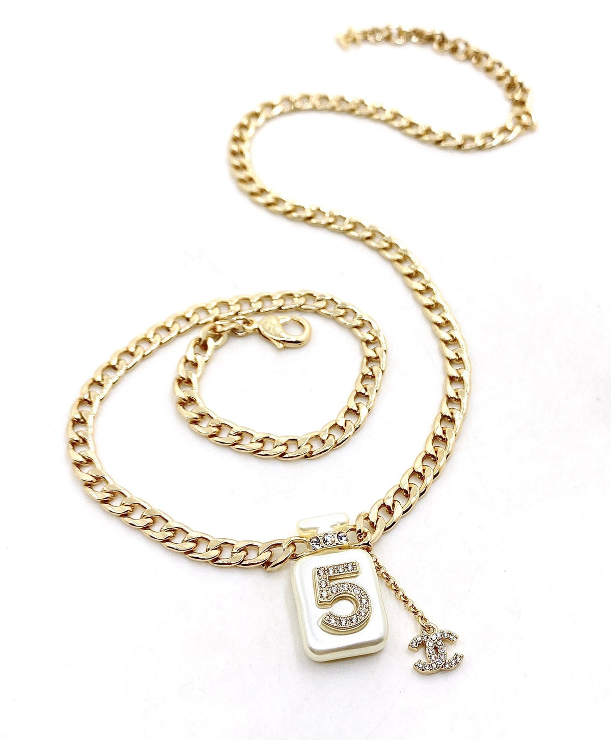 Chanel No.5 Perfume Pendant Chain 18K Gold Necklace product image 2, provided for visual reference and product detail review