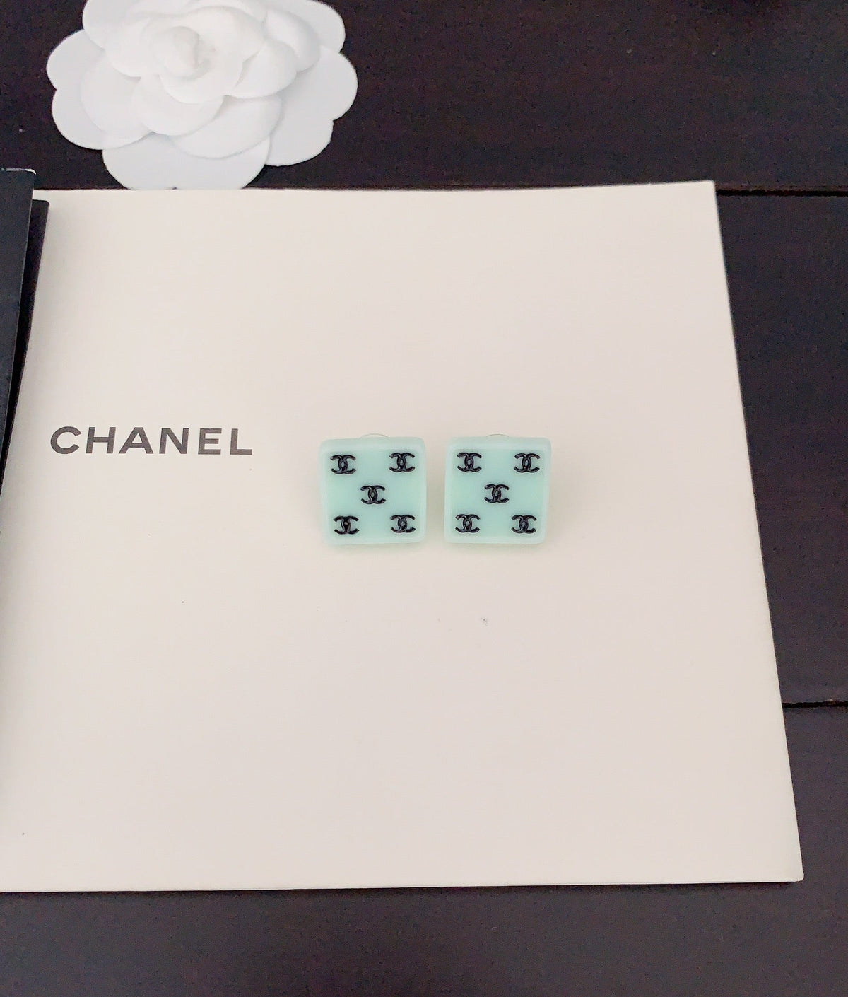 Chanel Green Resin 18K Gold Earrings product image 3, provided for visual reference and product detail review
