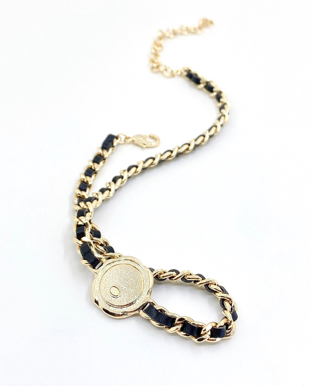 Chanel Rhinestone Leather Choker 18K Gold Necklace product image 2, provided for visual reference and product detail review