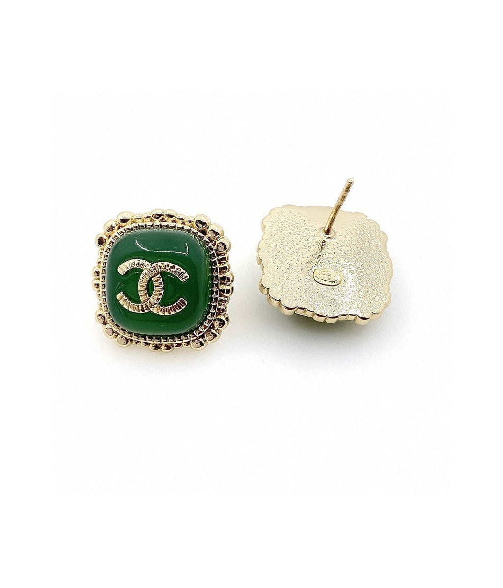 Chanel Green Square 18K Gold Earrings product image 3, provided for visual reference and product detail review