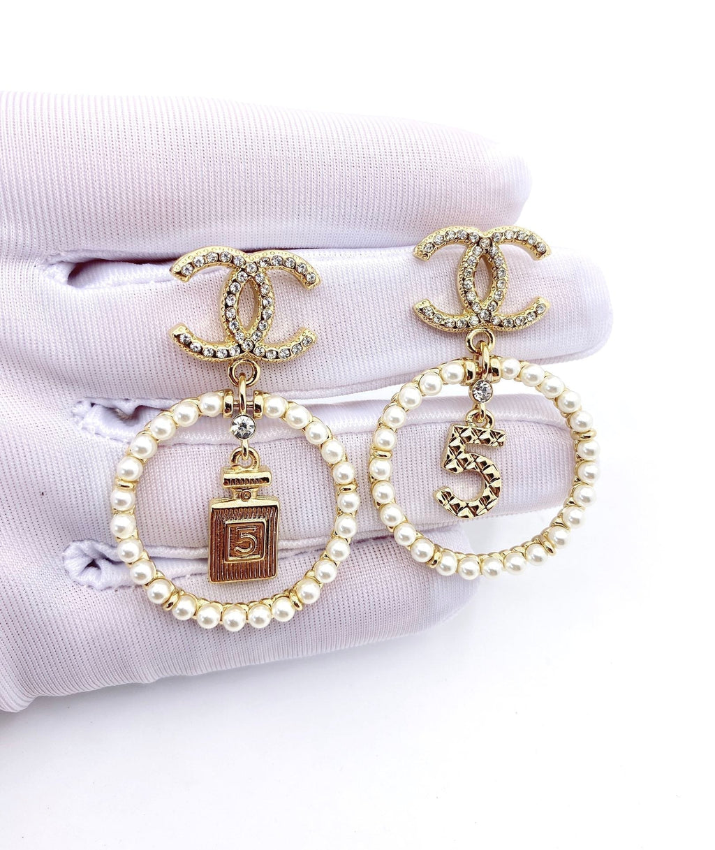 Chanel No. 5 Perfume Pendant 18K Gold Earrings product image 3, provided for visual reference and product detail review