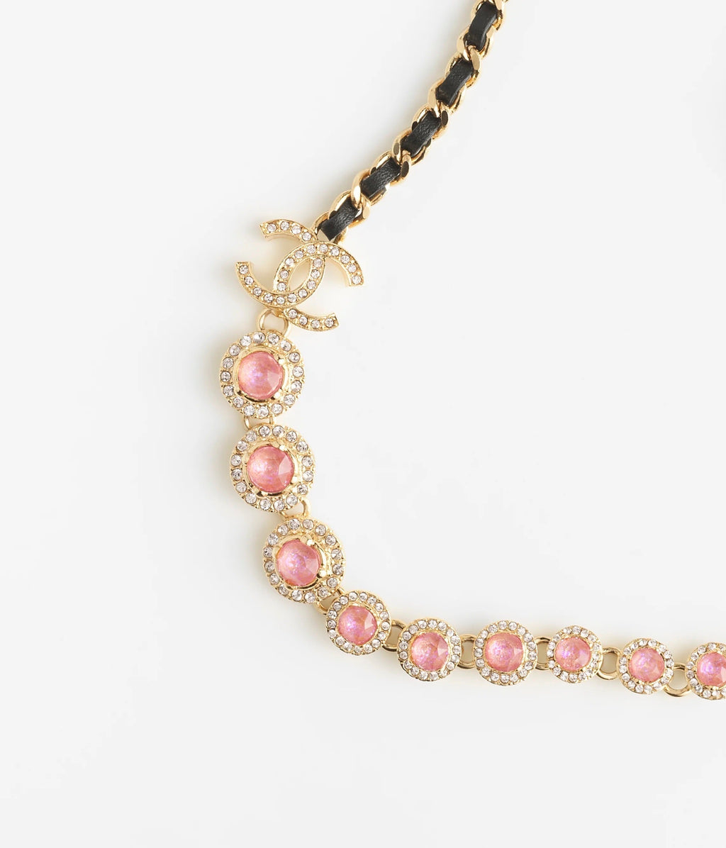 Chanel Pink Crystals Leather 18K Gold Necklace product image 5, provided for visual reference and product detail review