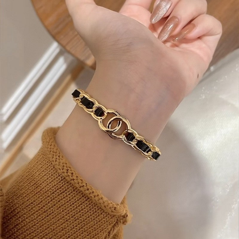 Chanel Black Leather Cuff 18K Gold Bracelet product image 3, provided for visual reference and product detail review
