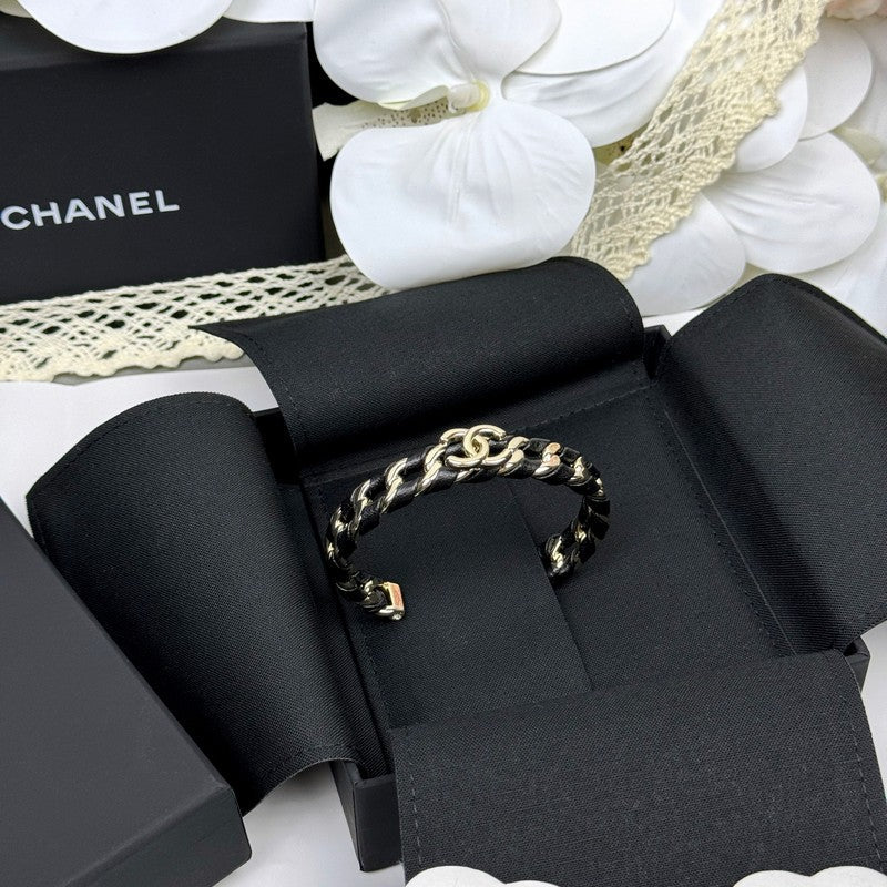 Chanel 26C Black Leather Cuff 18K Gold Bracelet product image 3, provided for visual reference and product detail review