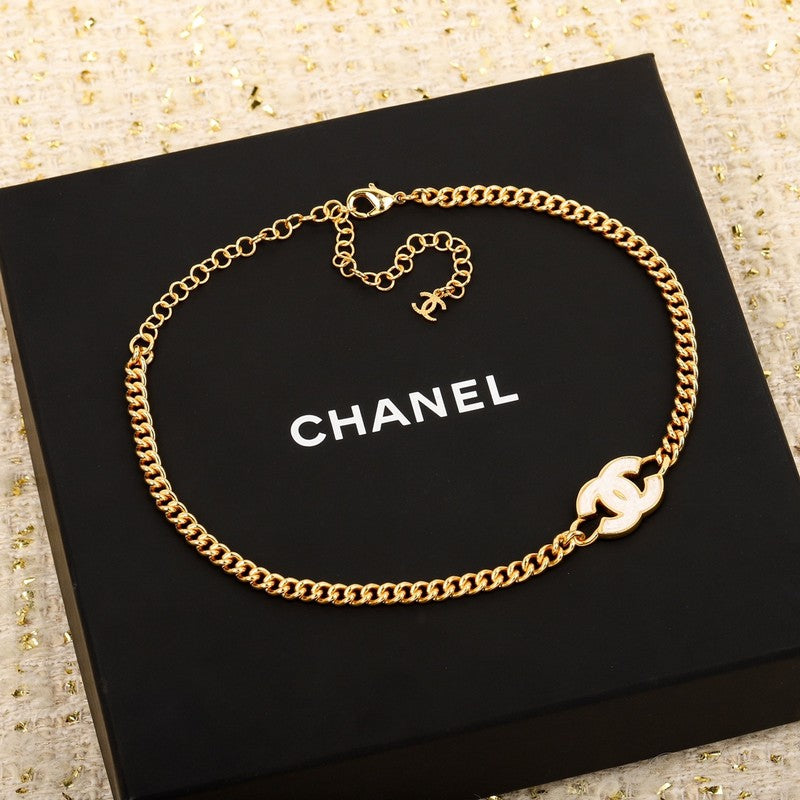 Chanel White Logo Choker 18K Gold Necklace product image 1, provided for visual reference and product detail review