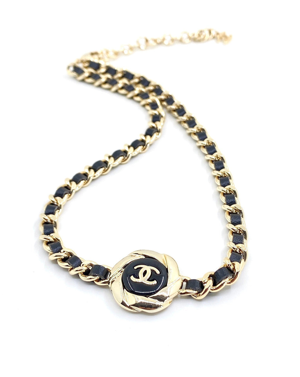 Chanel Rhinestone Leather Choker 18K Gold Necklace product image 3, provided for visual reference and product detail review