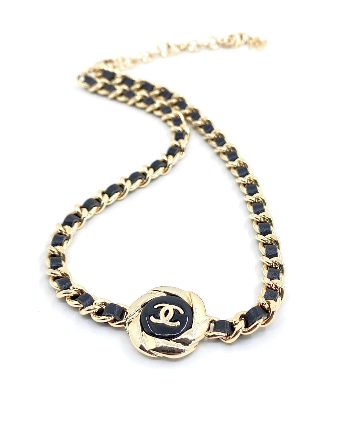 Chanel Rhinestone Leather Choker 18K Gold Necklace product image 3, provided for visual reference and product detail review