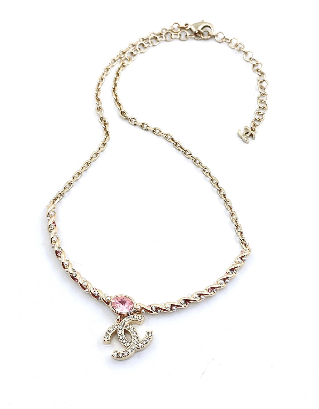 Chanel Pink Crystal 18K Gold Necklace product image 7, provided for visual reference and product detail review