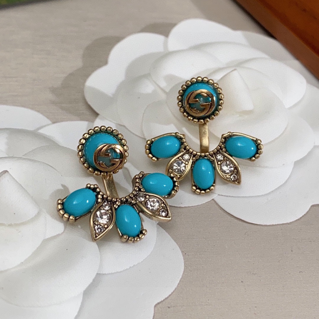 Gucci Double Blue Flowers 18K Gold Earrings product image 5, provided for visual reference and product detail review