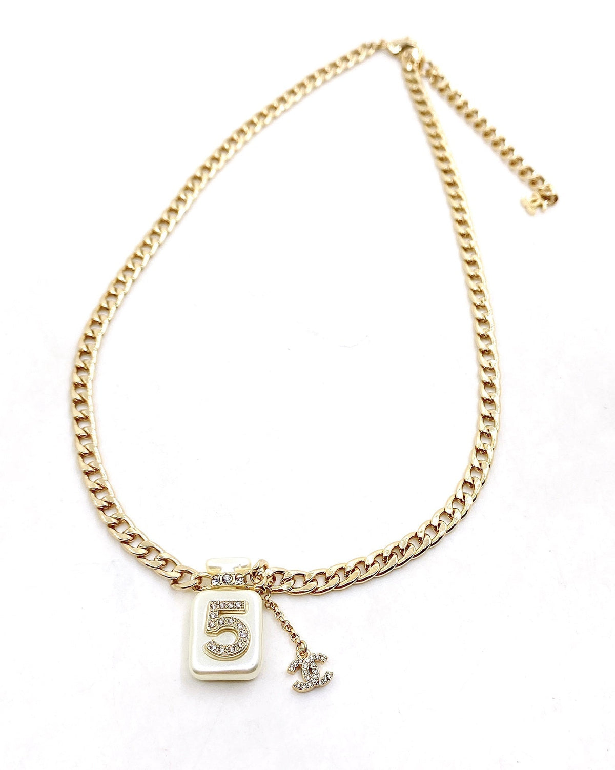 Chanel No.5 Perfume Pendant Chain 18K Gold Necklace product image 3, provided for visual reference and product detail review