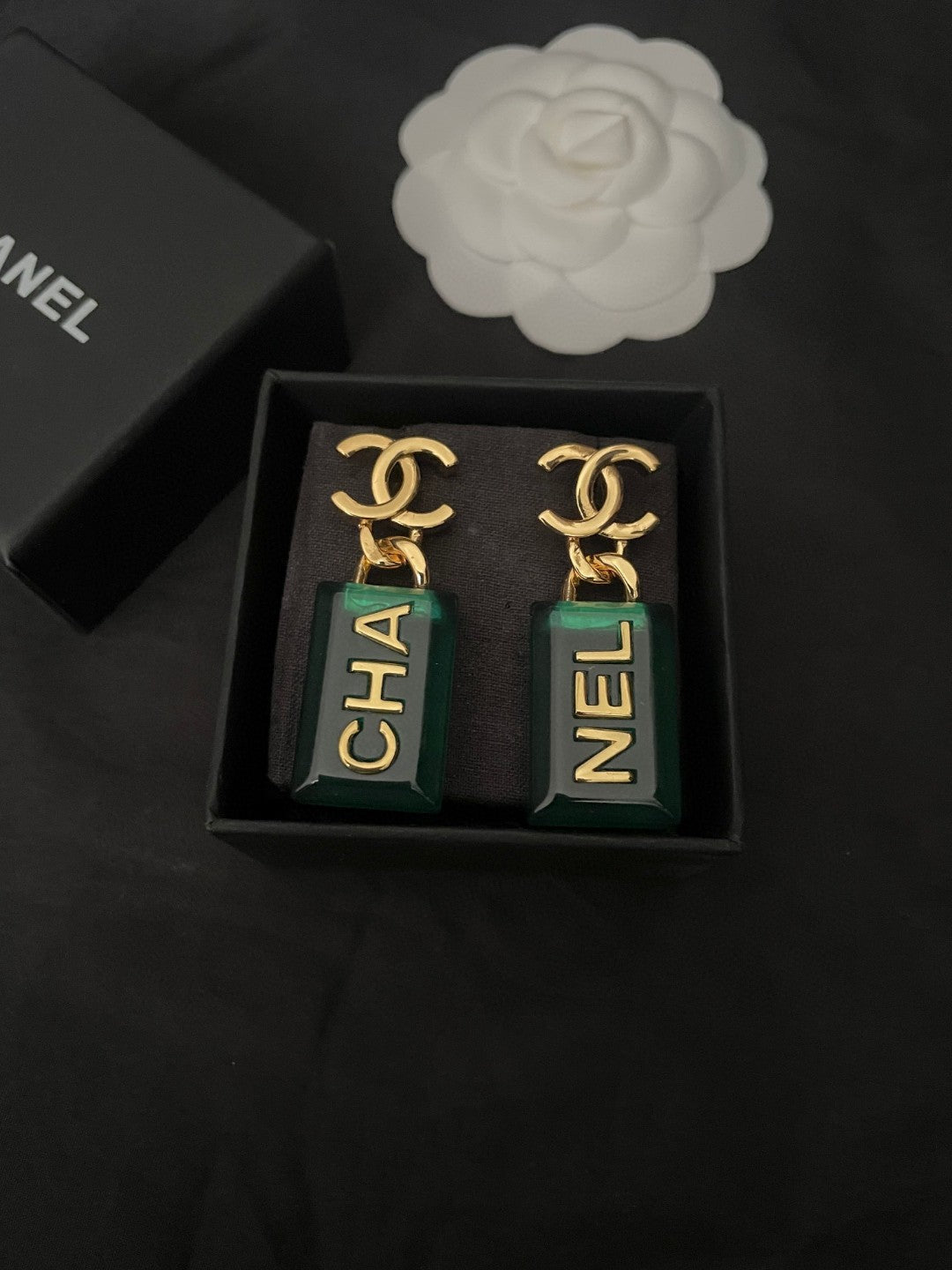Chanel Green Perfume Bottle 18K Gold Earrings product image 2, provided for visual reference and product detail review
