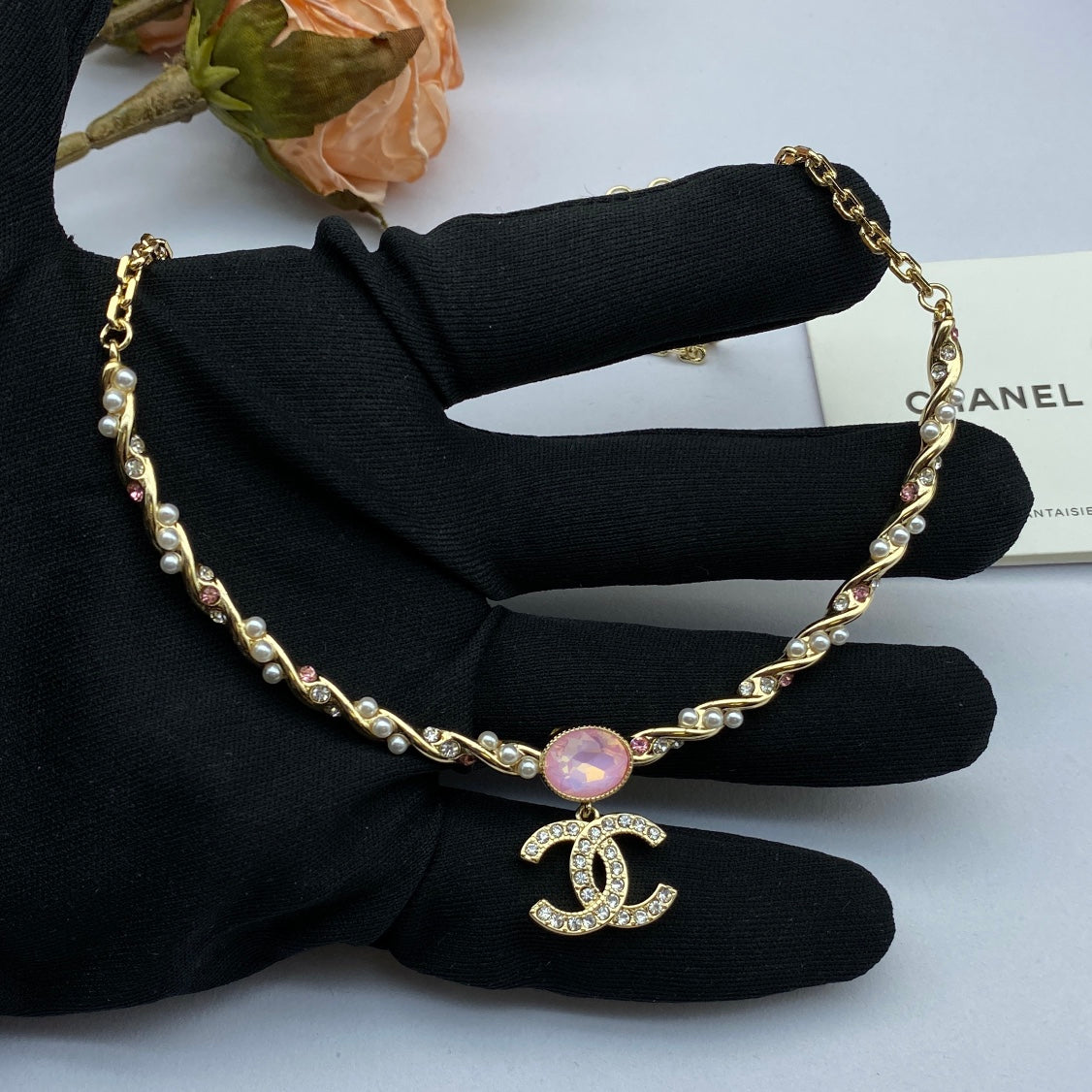 Chanel Pink Crystal 18K Gold Necklace product image 10, provided for visual reference and product detail review