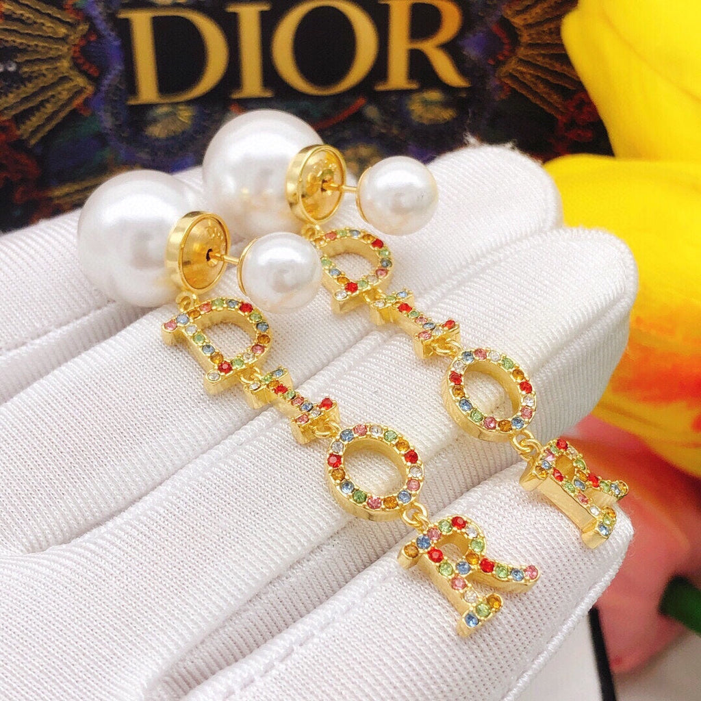 Dior Color Crystal Script 18K Gold Earrings product image 3, provided for visual reference and product detail review