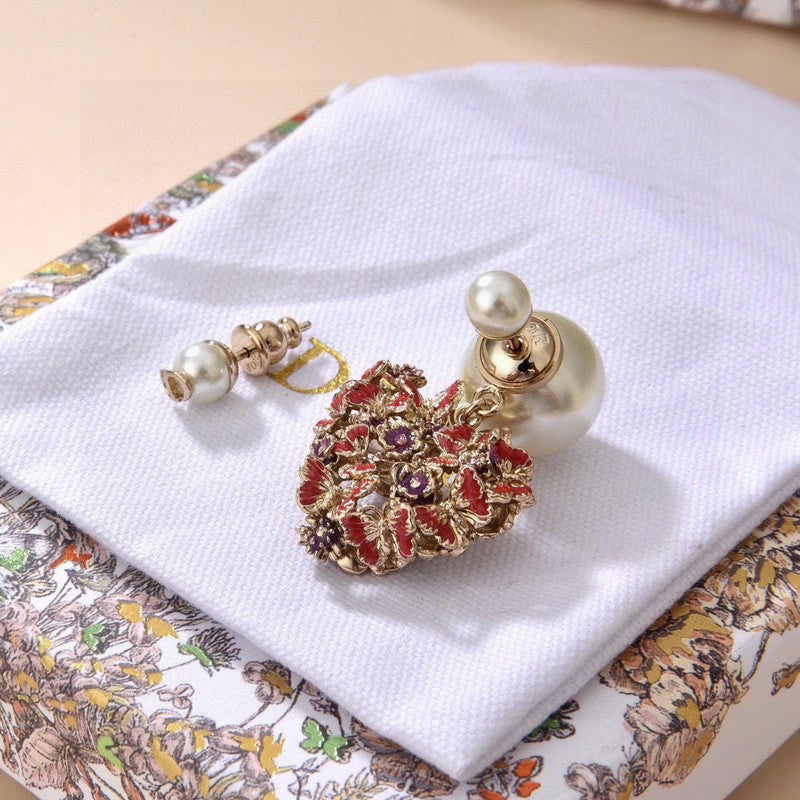 Dior Tribales Red Flower Heart Faux Pearl 18K Gold Earrings product image 3, provided for visual reference and product