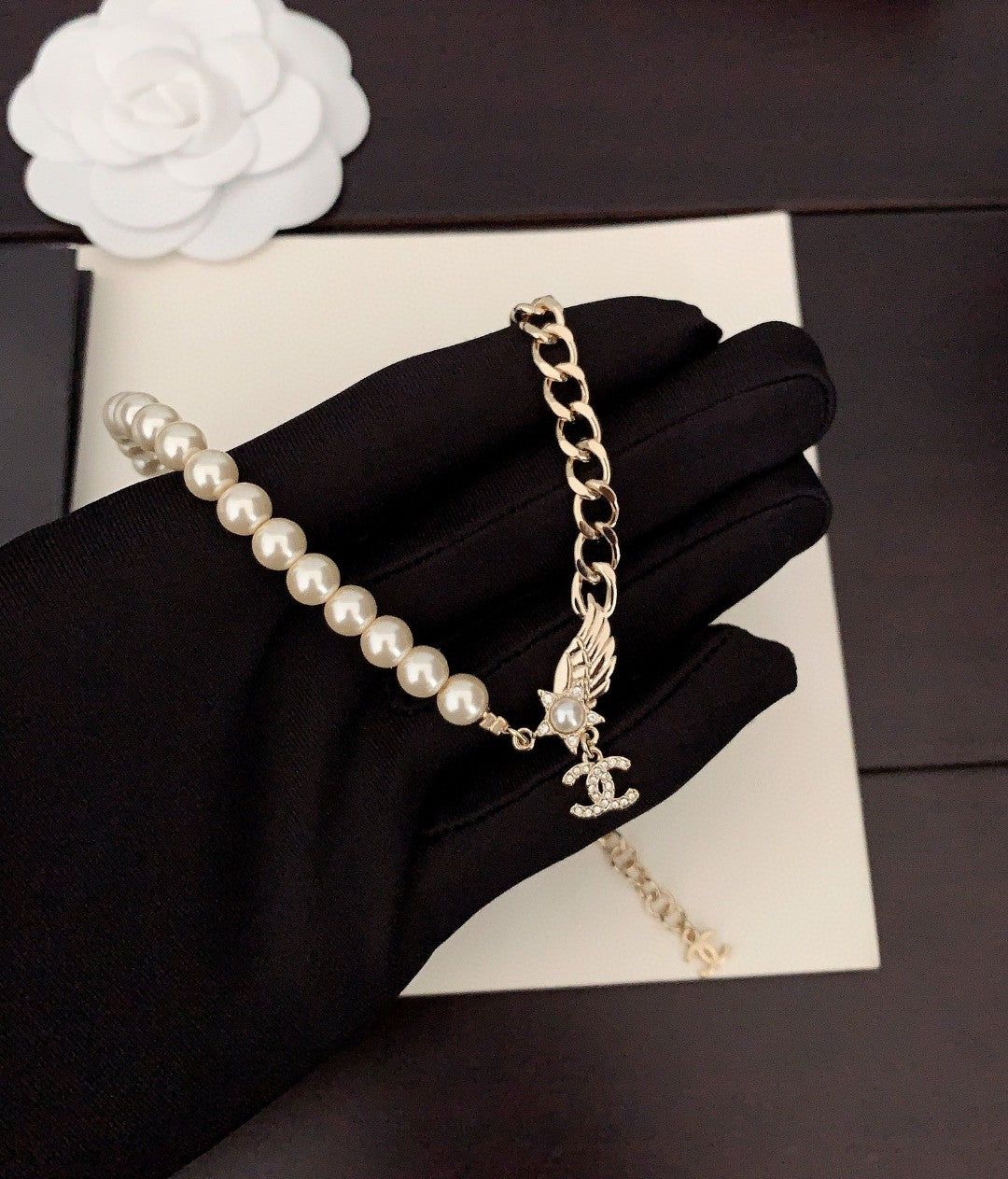 Chanel Pearl Chain Choker 18K Gold Necklace product image 3, provided for visual reference and product detail review